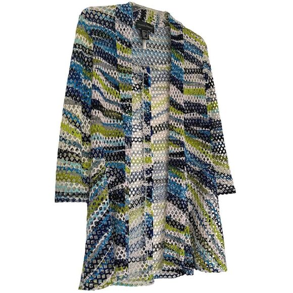 Frank Lyman Lagenlook Crochet Drape Open Cardigan Artsy Perforated Green Blue 12 - Picture 3 of 11